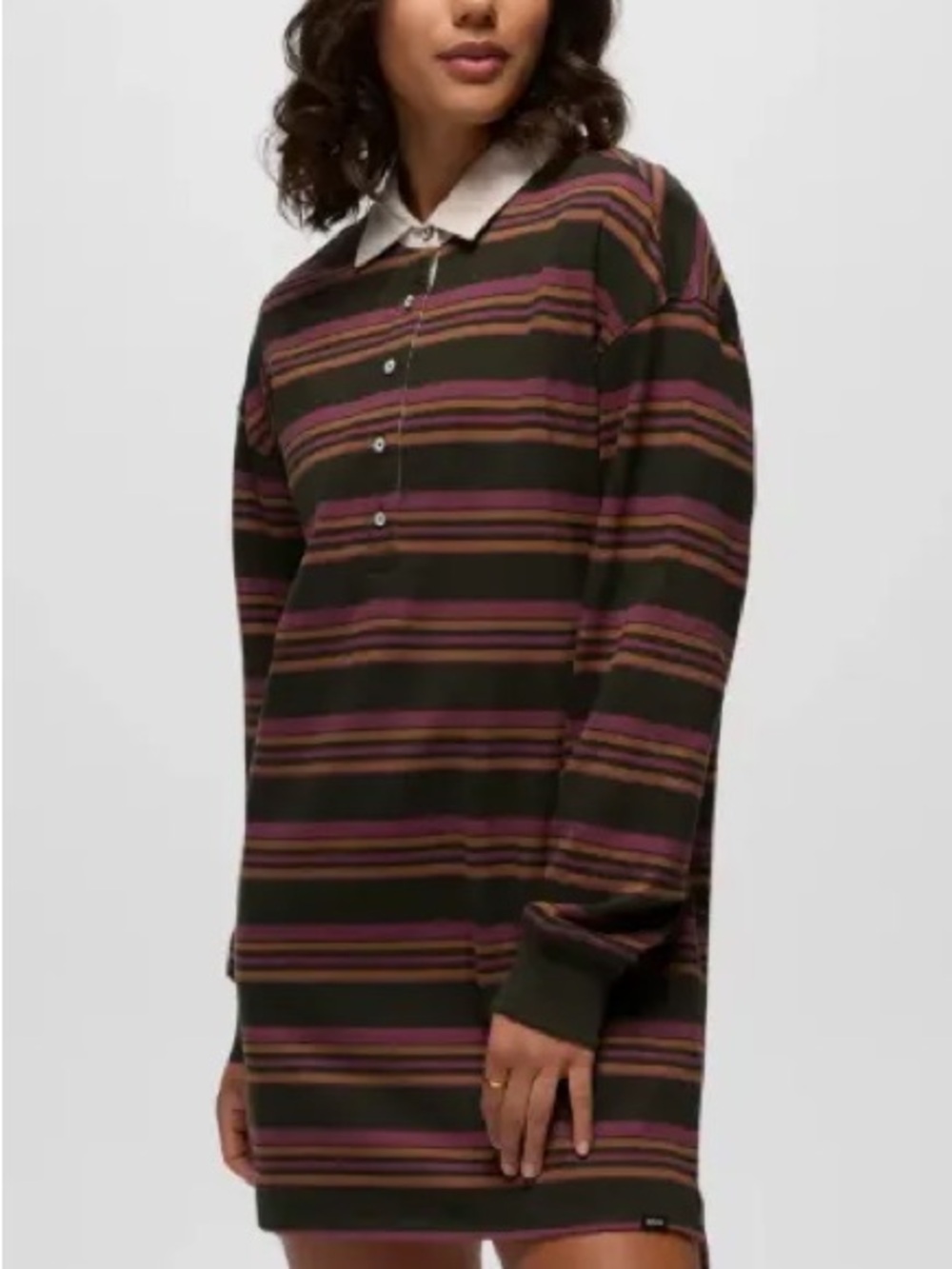 Prana Olive Striped Long-Sleeve Polo Dress with Burgundy & Tan Stripes